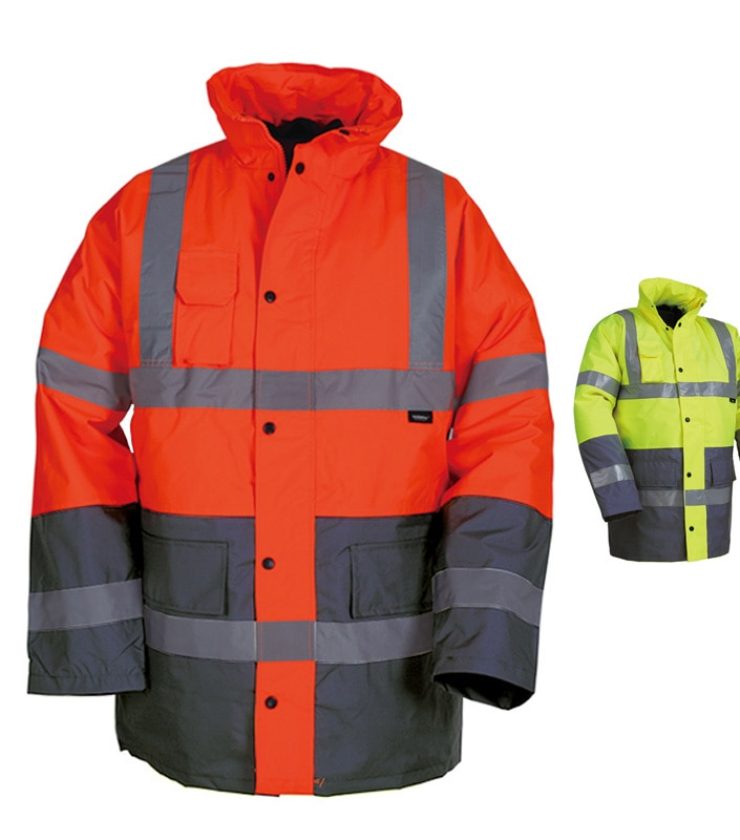 Hi Vis Two Tone Waterproof Safety Parka Winter Jacket With Reflective Tape Orange Safety