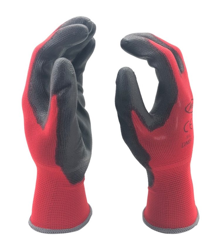 Safety Gloves With Knitted Red Nylon Dipped in PU Nitrile Coat